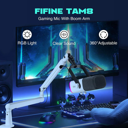 ميكروفون ديناميكي FIFINE KIT TAM8 AmpliGame XLR/USB مع حامل ذراع ميكروفون منخفض المستوى BM88 لتسجيل البودكاست، مع ضوء RGB وزر كتم الصوت ومقبس سماعات الرأس - أبيض - ميكروفون وحامل أبيض