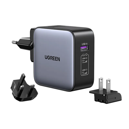 Ugreen USB-A + 2 USB Type C 65 W Gan UK/US/EU Plugs Worldwide Travel Fast Charger Grey - شاحن للسفر