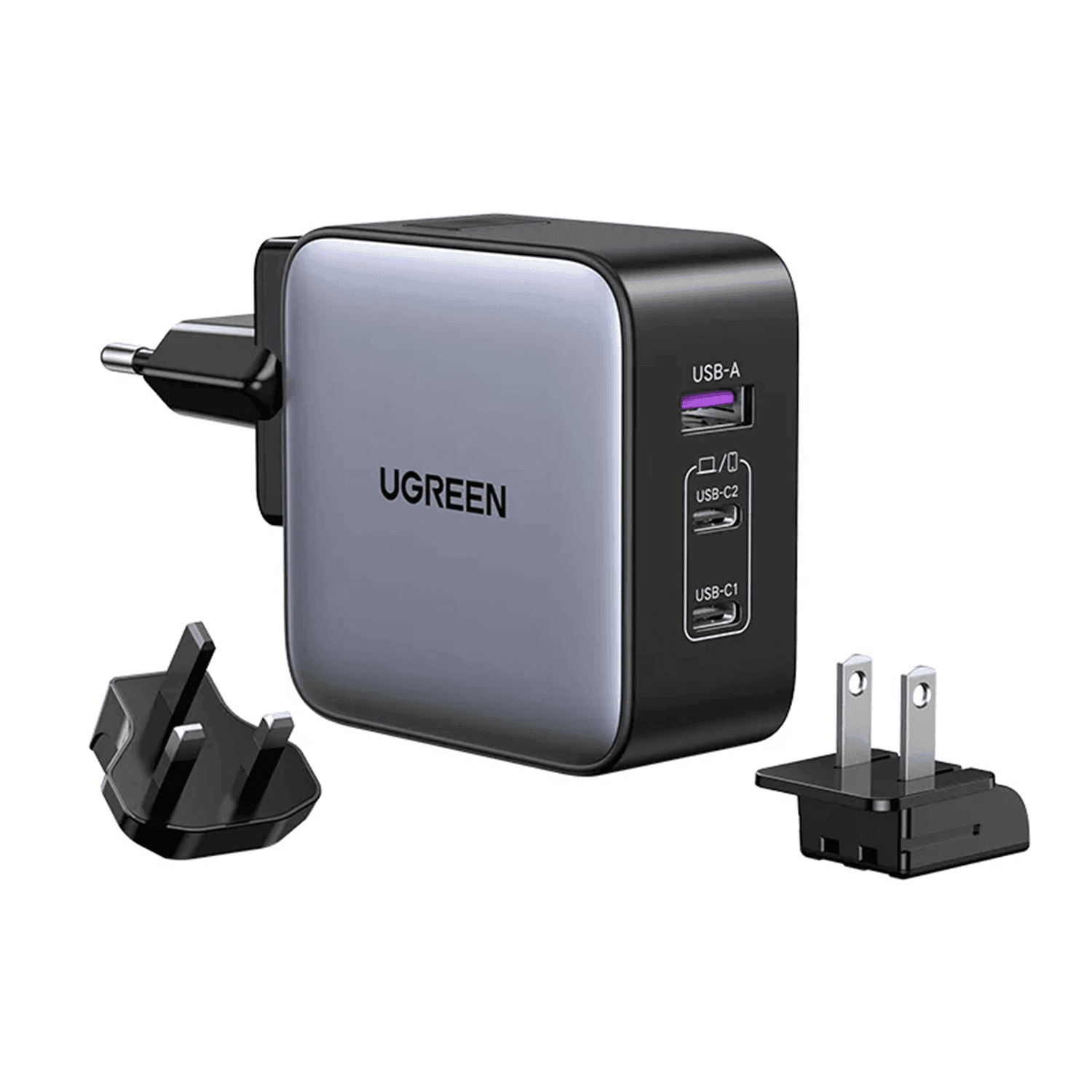 Ugreen USB-A + 2 USB Type C 65 W Gan UK/US/EU Plugs Worldwide Travel Fast Charger Grey - شاحن للسفر Ugreen USB-A + 2 USB Type C 65 W Gan UK/US/EU Plugs Worldwide Travel Fast Charger Grey - شاحن للسفر