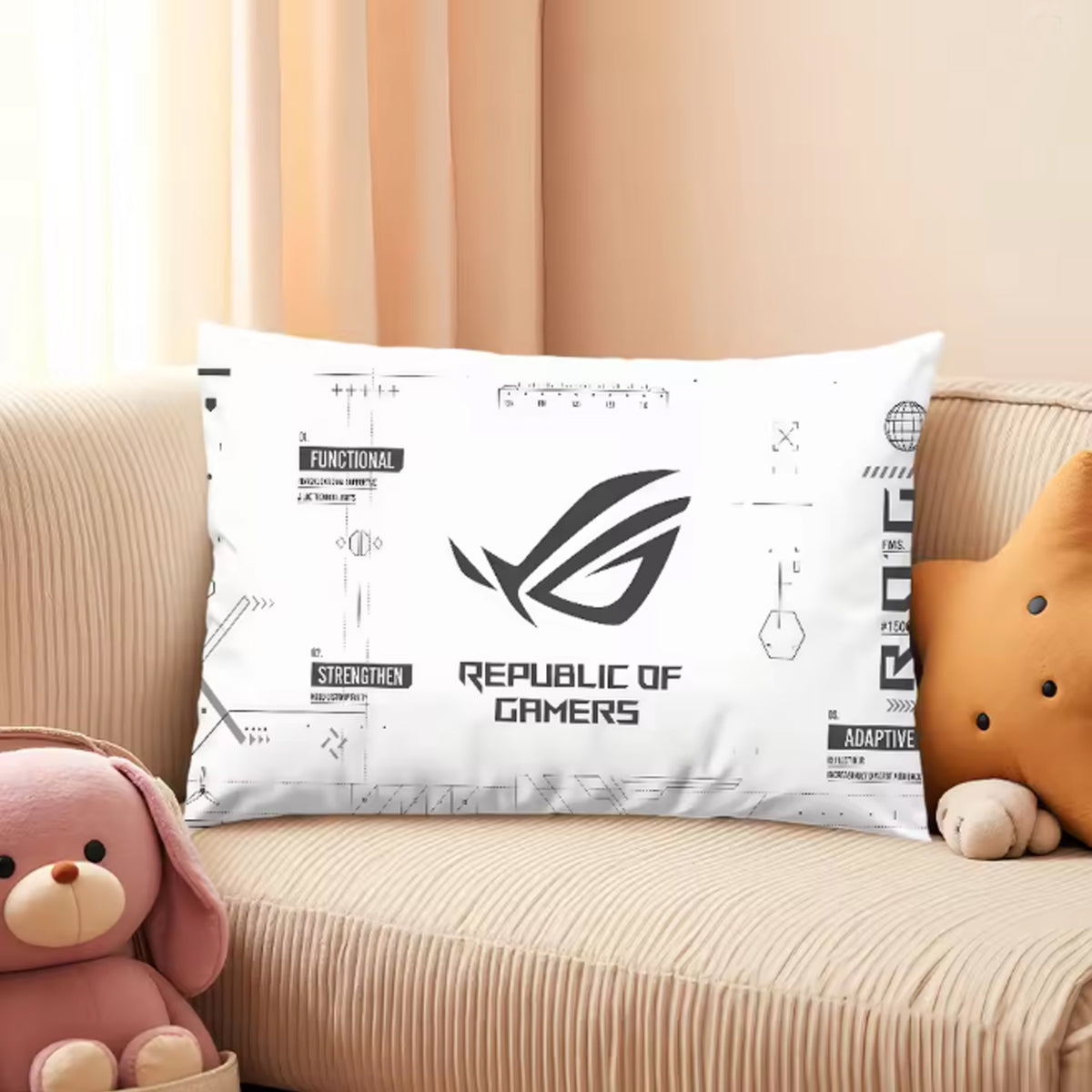 Cool Fashion ASUS Logo Gaming Rectangular Pillow Cover (40×60 cm, White) – Soft Microfiber Decorative Cushion Case for Gaming Chairs & Bedding - غطاء وسادة