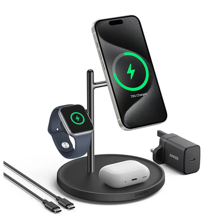 Anker MagGo | 15W | Wireless Charging station | 3-in-1 Stand | witth Charger and USB-C Cable for Your Apple Devices iPhone 15 / 14 / 13 / 12 Series , Apple Watch and More - قاعده شحن لاسلكيه مع شاحن