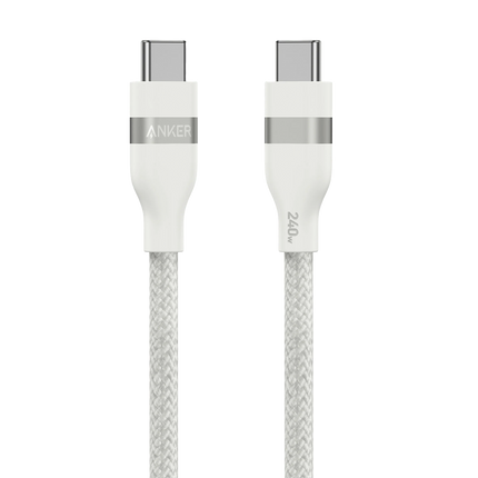 Anker USB-C to USB-C Cable,3 ft, 240W, Upcycled-Braided, White - كيبل شحن أبيض سريع ممتاز