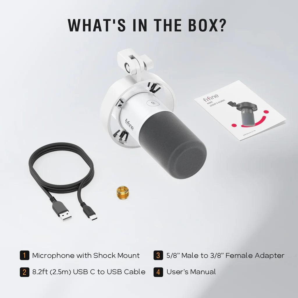FIFINE K688 USB/XLR Dynamic Mic with Shock Mount, Touch-Mute, Headphone Jack, I/O Controls for Podcasting - White - ميكروفون أحترافي