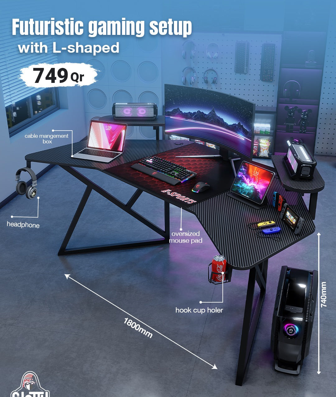 CHATTY Futuristic L-Shaped Gaming Desk Setup | 180cm Workstation with Oversized Mouse Pad & Accessories CHATTY Futuristic L-Shaped Gaming Desk Setup | 180cm Workstation with Oversized Mouse Pad & Accessories