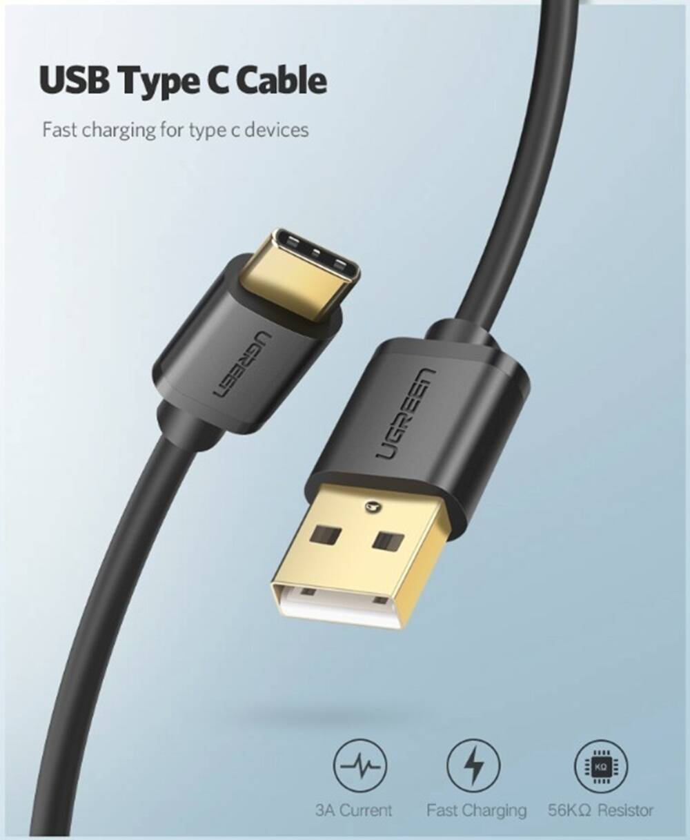 UGREEN USB 3.0 Type A Male To USB Type-C Male Cable, 1M, 5Gbps Transfer Speed, Up To 3 Amps Of Power Output, Black  - كيبل