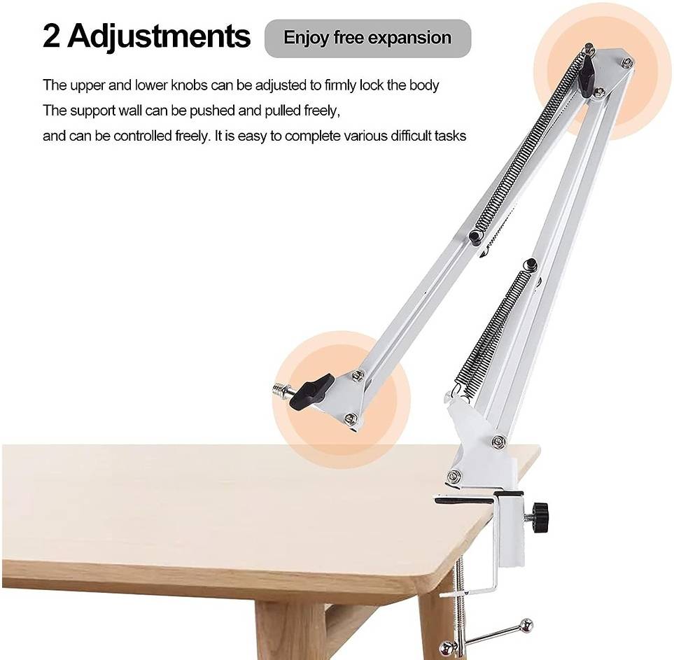 Dayong Microphone Boom Stand, 360° Rotating Microphone Holder, 270° Rotatable Mic Head, Adjustable Suspension Scissor Arm, Cantilever Support, Wide Application, White - ستاند للمايك