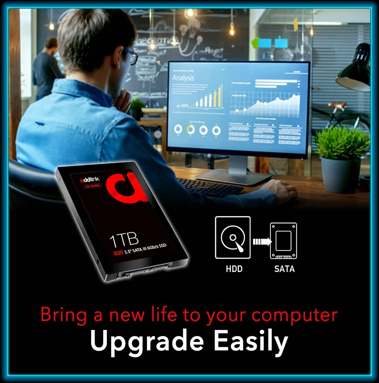 Addlink S20 1TB Gaming PC SSD, 3D NAND 2.5 inch SATA III 6Gb/s, Read 560MB/s Write 500MB/s, Compatible With PCs, Laptops And Other Portable Computing Devices - تخزين