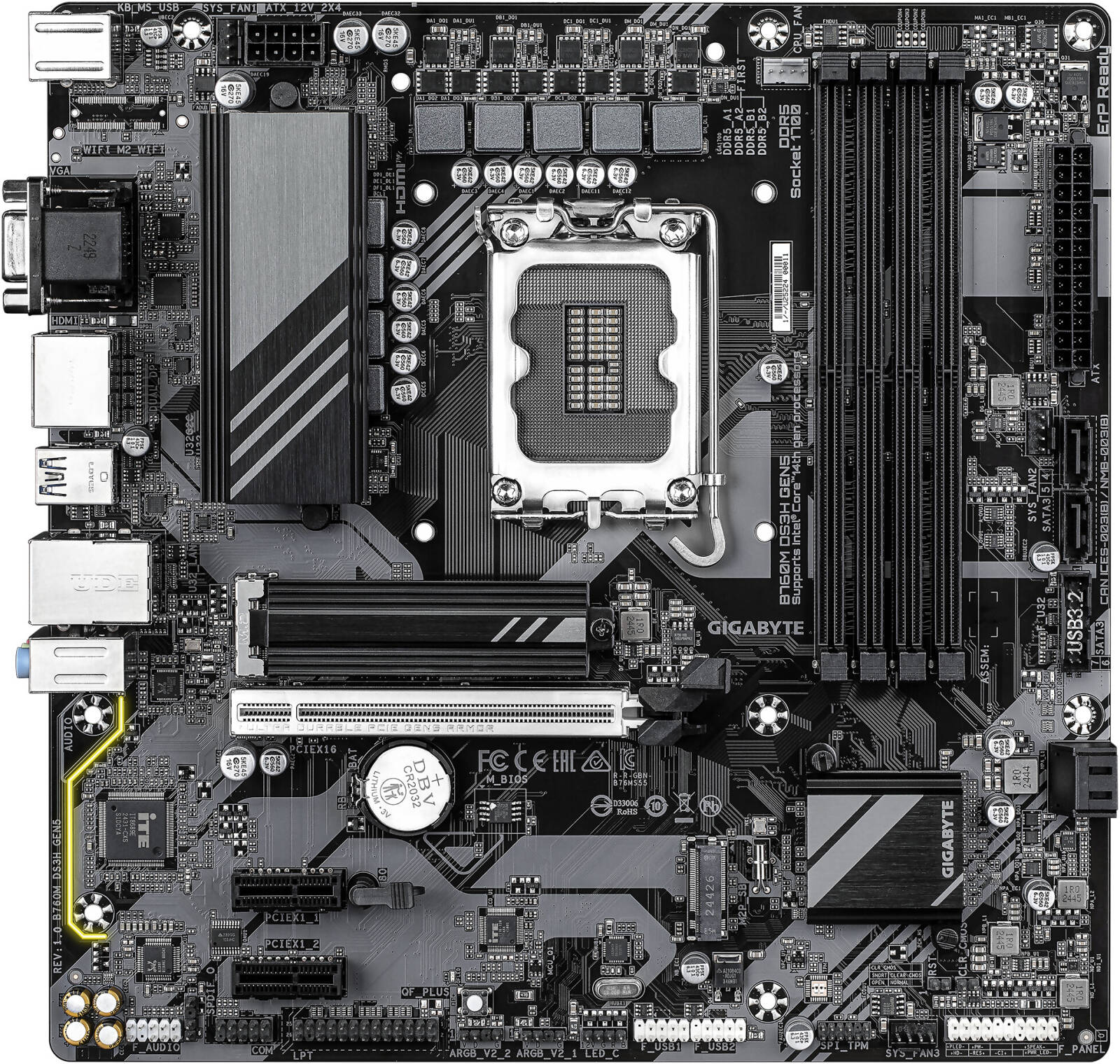 GIGABYTE B760M DS3H GEN5 LGA1700 Micro ATX Motherboard, 4x DDR5 DIMM Slots, Up to 256GB Max Memory, 1x PCIe 5.0 x16 with PCIe UD Slot, 2x M.2 Slots - اللوحة الأم