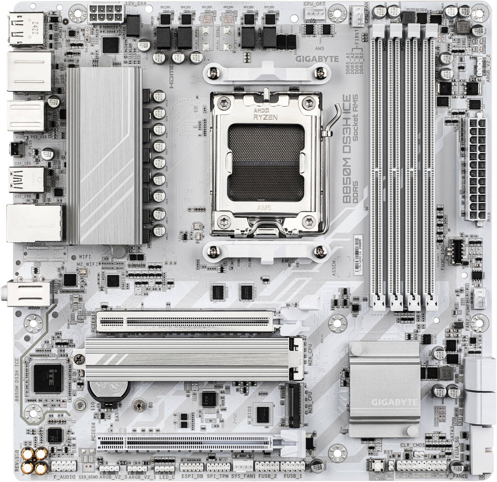 GIGABYTE B850M DS3H ICE AM5 M-ATX Motherboard, AMD B850 Chipset, 4x DDR5 DIMM Slots, Up to 256GB Max Memory, 1x PCIe 5.0 x16, 2x M.2 Slots, White -اللوحه الام