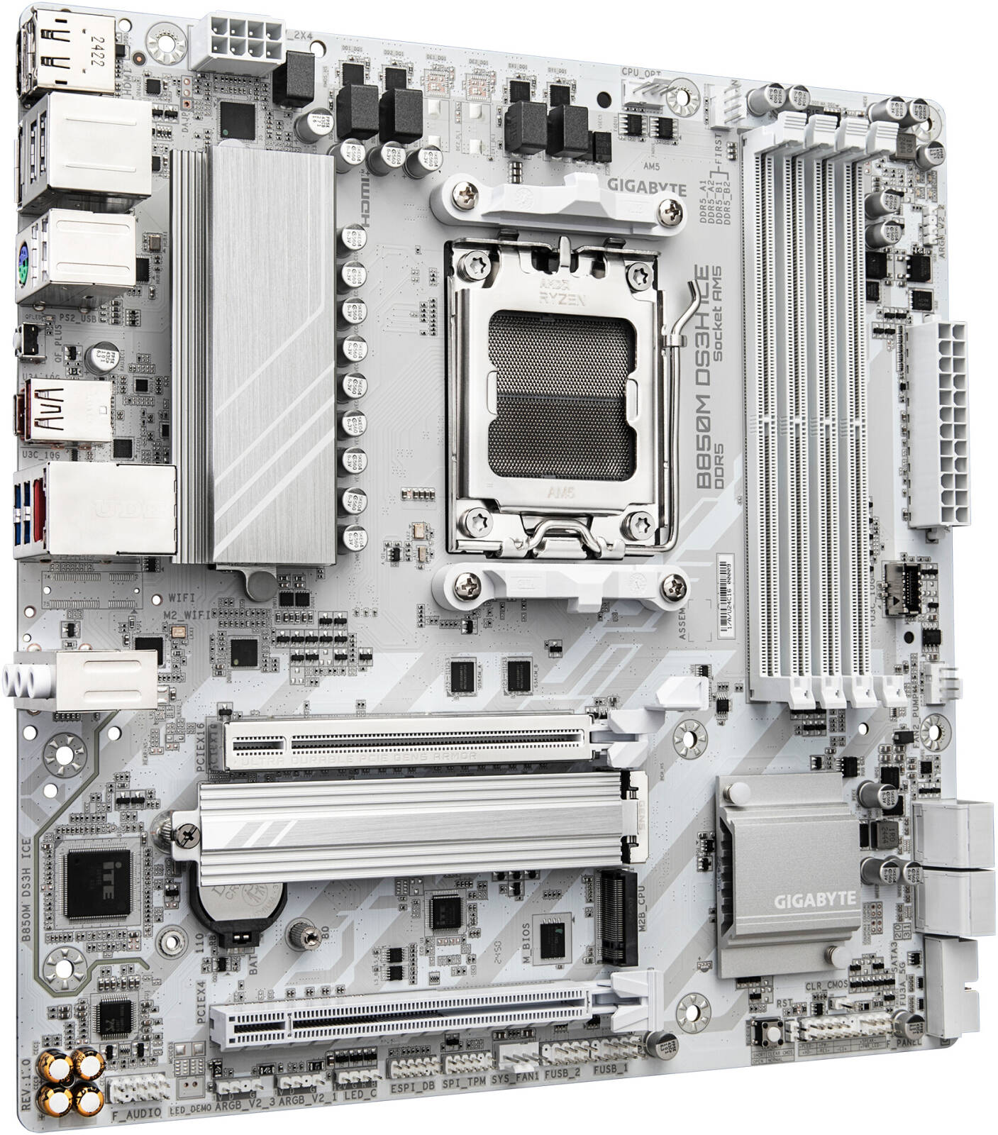 GIGABYTE B850M DS3H ICE AM5 M-ATX Motherboard, AMD B850 Chipset, 4x DDR5 DIMM Slots, Up to 256GB Max Memory, 1x PCIe 5.0 x16, 2x M.2 Slots, White -اللوحه الام