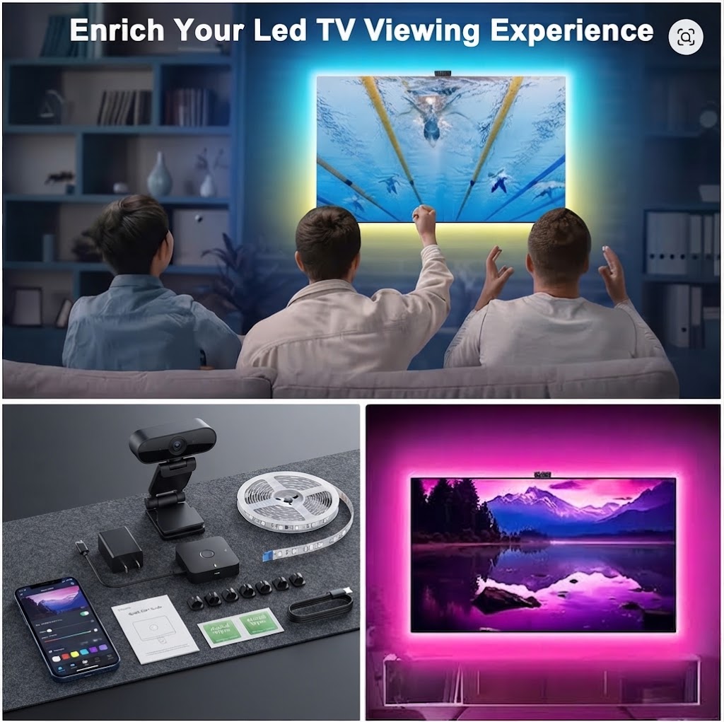 RGBIC LED TV Backlight Strip with Smart Camera – Real-Time Screen Sync, App Control & Music Sync for 55-75 Inch TVs - اضاءة خلفية للشاشة