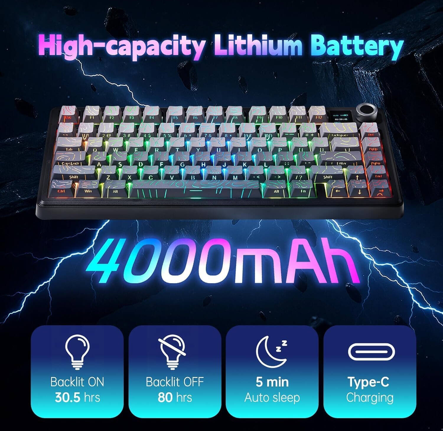 EPOMAKER AULA F75 MAX Mechanical Gaming Keyboard, 80 keys, 75% Layout, 4000mAh Battery, TFT Screen & Knob, LEOBOG Reaper Switch, Hot-Swappable Keys, Gasket Mount, Grey Gradient - كيبورد وايرليس