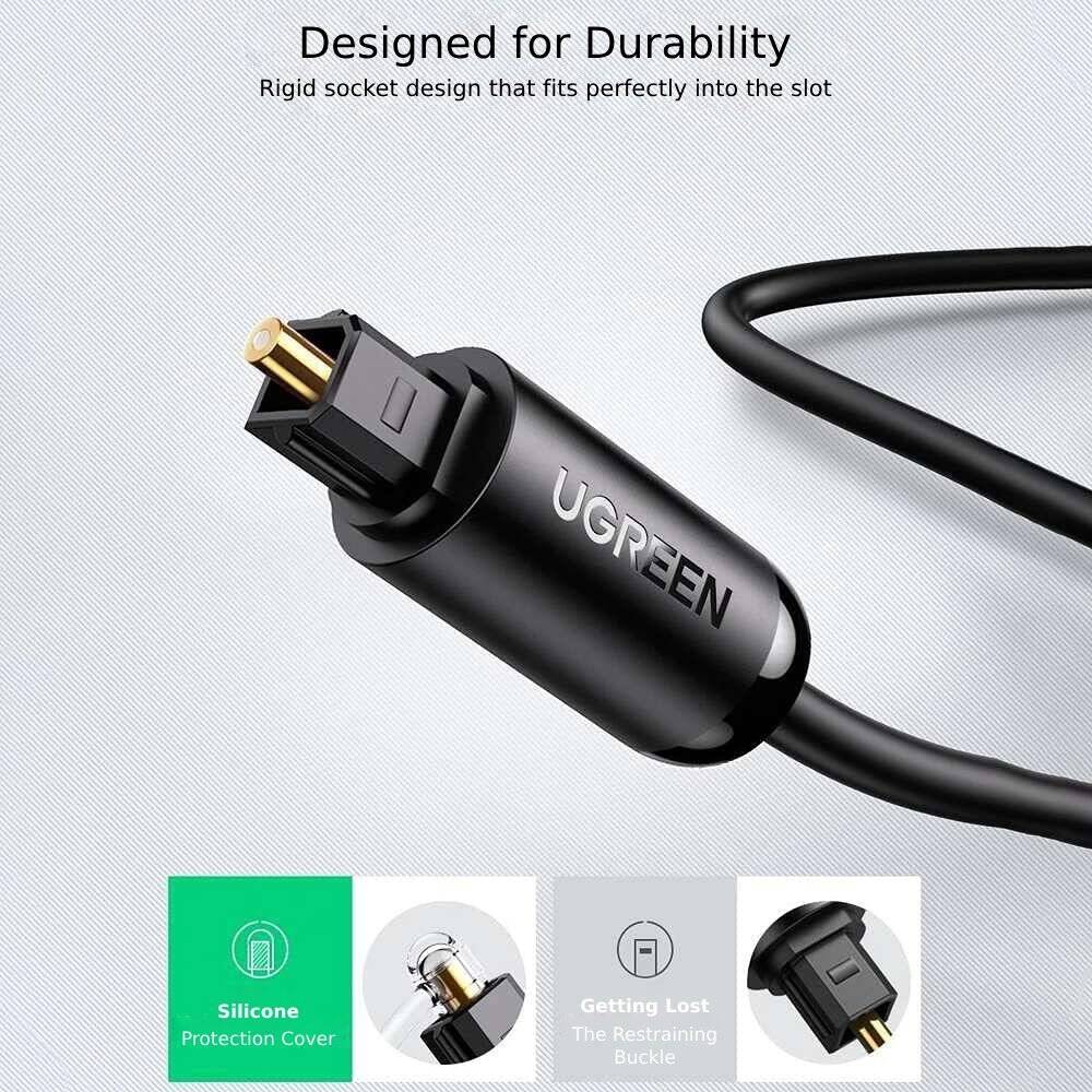 UGREEN Optical Audio Cable, Toslink SPDIF Type, PVC Material, Gold-Plated Connector, Fiber Optic Cable, 1.5m Cable Length, Universal Compatibility, Black - كيبل اوبتك