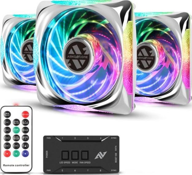 Abkon Core CC120 3 IN1 RGB fans 3pin 5V ARGB motherboard SYNC / 4Pin PWM interface remote control, adjustable fan speed and color, hydraulic bearing with fan control hub (3 pcs) Abkon Core CC120 3 IN1 RGB fans 3pin 5V ARGB motherboard SYNC / 4Pin PWM interface remote control, adjustable fan speed and color, hydraulic bearing with fan control hub (3 pcs)