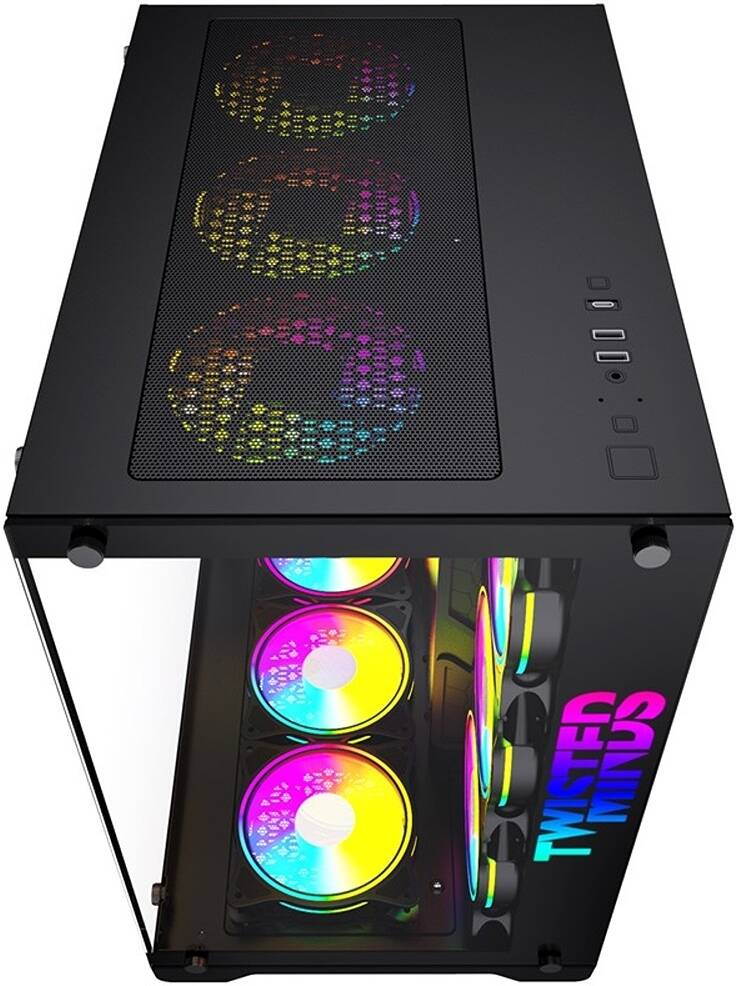 Twisted Minds Bullet-07 Mid Tempered Glass Mid Tower ATX Gaming PC Case, Pre Installed 4x 120mm ARGB Fans, Up to 360mm AIO, 3.5″ HDD* 2+2.5″ SSD* 2 Drive Support, USB 3.0+USB-C, - BLACK  - كيس اسود