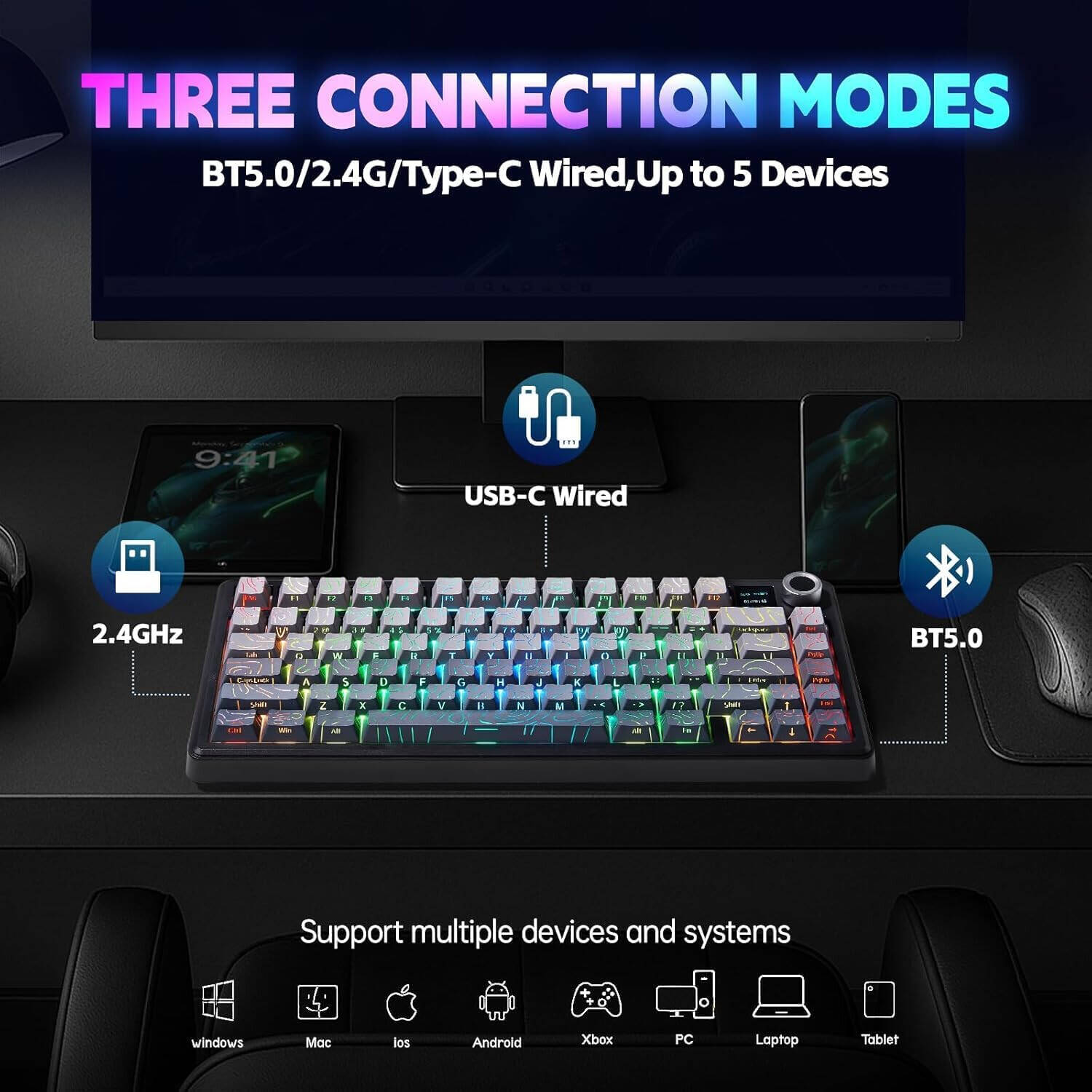 EPOMAKER AULA F75 MAX Mechanical Gaming Keyboard, 80 keys, 75% Layout, 4000mAh Battery, TFT Screen & Knob, LEOBOG Reaper Switch, Hot-Swappable Keys, Gasket Mount, Grey Gradient - كيبورد وايرليس