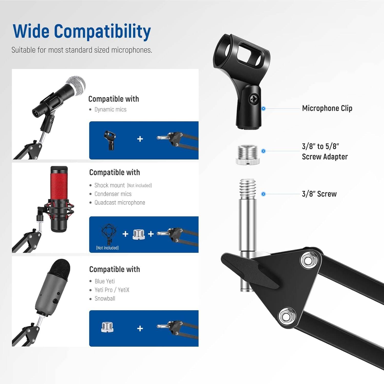 Neewer Microphone Arm Stand, Suspension Boom Scissor Microphone Arm Stand with 3/8 Inch to 5/8 Inch Screw and Cable Ties, Compatible with Blue Yeti Snowball Yeti X Quadcast etc. Max. Load 1.5 kg - ستاند للمايك