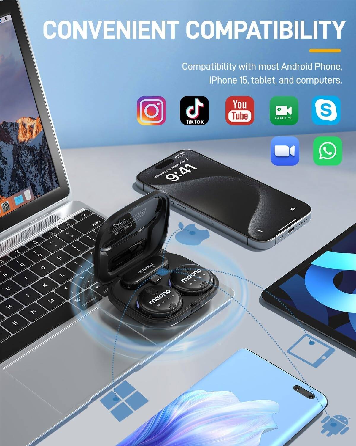 MAONOCASTER WM620PC2 Wireless Lavalier Black Microphone or iPhone 15 & Android, Noise Cancellation, 328ft Range, 18H Battery, Vlogging - مايك لاسلكي أسود