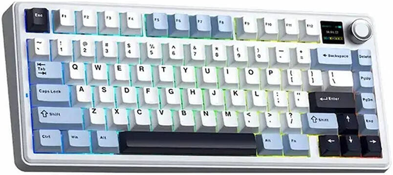 EPOMAKER AULA F75 MAX Mechanical Gaming Keyboard, 80 keys, 75% Layout, 4000mAh Battery, TFT Screen & Knob, LEOBOG Reaper Switch, Hot-Swappable Keys, Gasket Mount, Black/White/Blue - كيبورد وايرليس