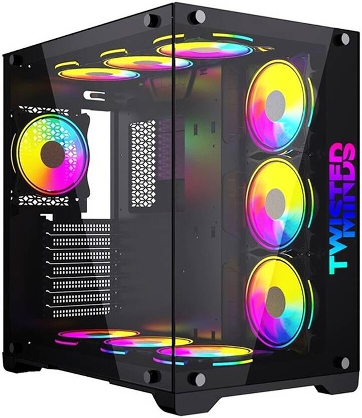 Twisted Minds Bullet-07 Mid Tempered Glass Mid Tower ATX Gaming PC Case, Pre Installed 4x 120mm ARGB Fans, Up to 360mm AIO, 3.5″ HDD* 2+2.5″ SSD* 2 Drive Support, USB 3.0+USB-C, - BLACK  - كيس اسود