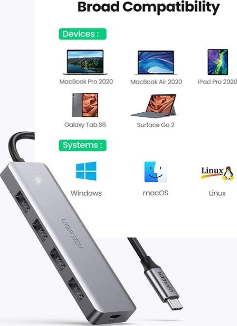 UGREEN 4-Ports USB C Hub, 5Gbps Data Transfer Rate, 4x USB 3.0 Ports & 1x Type-C Interface, 15cm Cable Length, Wide Compatibility - موزع يو اس بي