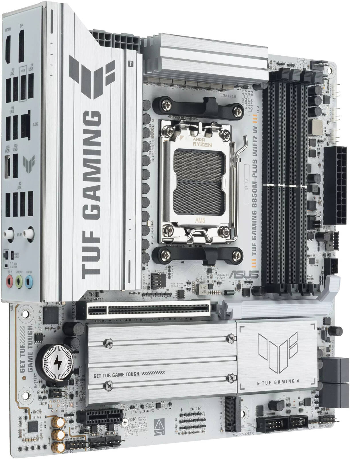 ASUS TUF Gaming B850M-PLUS WIFI7 W - White mATX AM5 Board, DDR5, PCIe 5.0, WiFi 7, 2.5Gb LAN, USB 20Gbps Type-C - ماذربورد