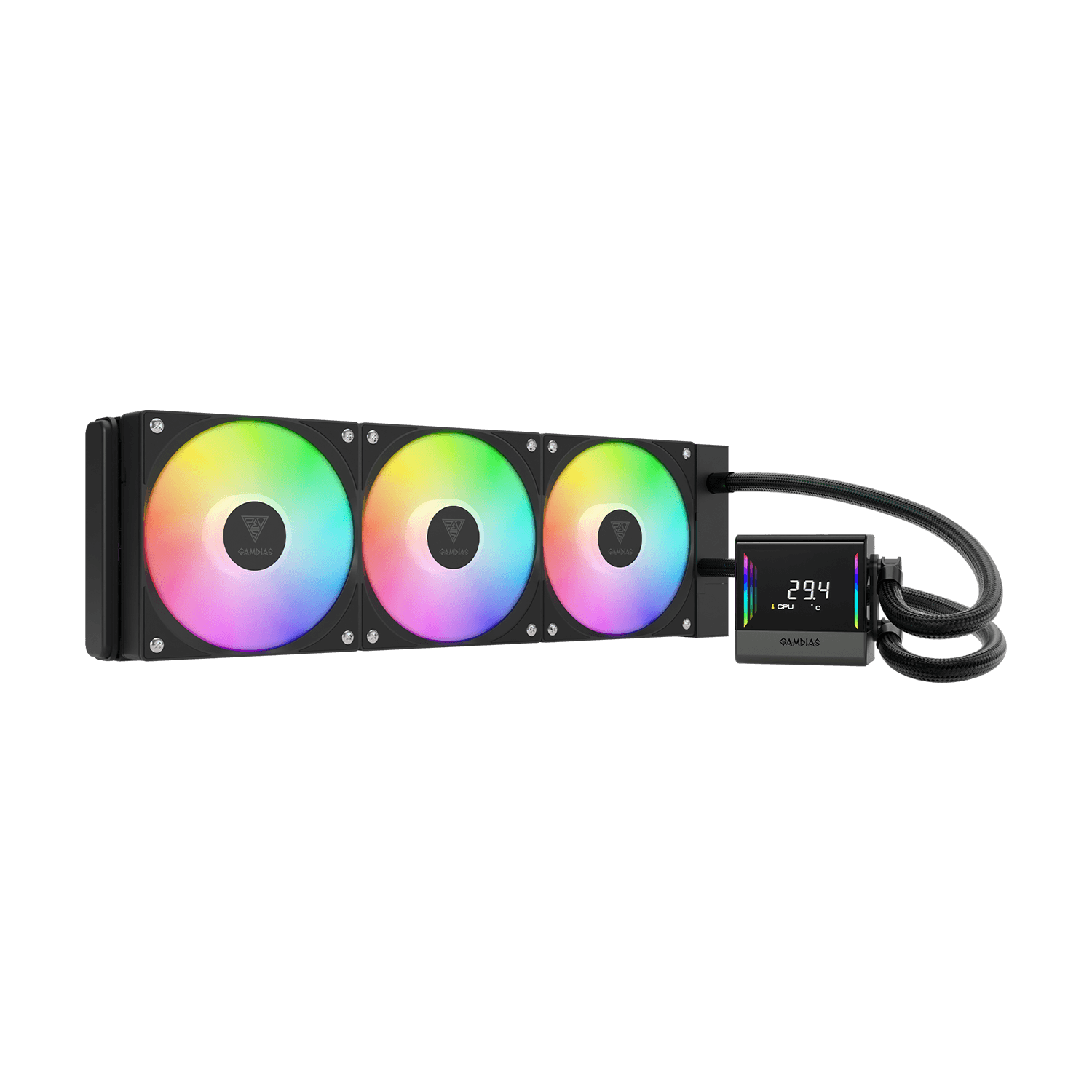 GAMDIAS CHIONE E4 360mm AIO Liquid Cooler, Digital Display Pump Black - مبرد مائي مع شاشه GAMDIAS CHIONE E4 360mm AIO Liquid Cooler, Digital Display Pump Black - مبرد مائي مع شاشه