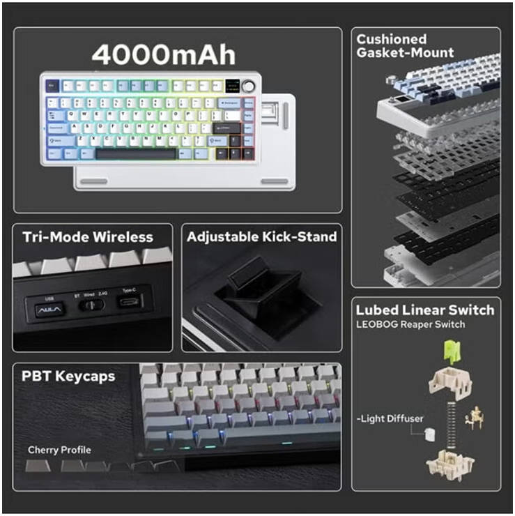 EPOMAKER AULA F75 MAX Mechanical Gaming Keyboard, 80 keys, 75% Layout, 4000mAh Battery, TFT Screen & Knob, LEOBOG Reaper Switch, Hot-Swappable Keys, Gasket Mount, Black/White/Blue - كيبورد وايرليس