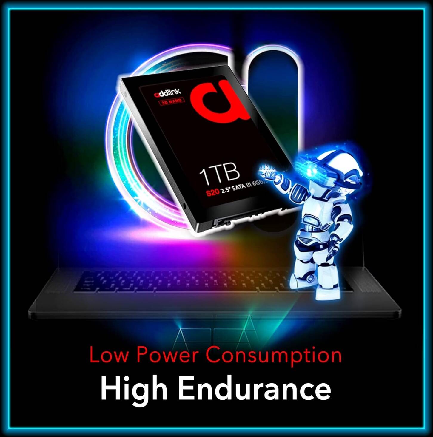 Addlink S20 1TB Gaming PC SSD, 3D NAND 2.5 inch SATA III 6Gb/s, Read 560MB/s Write 500MB/s, Compatible With PCs, Laptops And Other Portable Computing Devices - تخزين