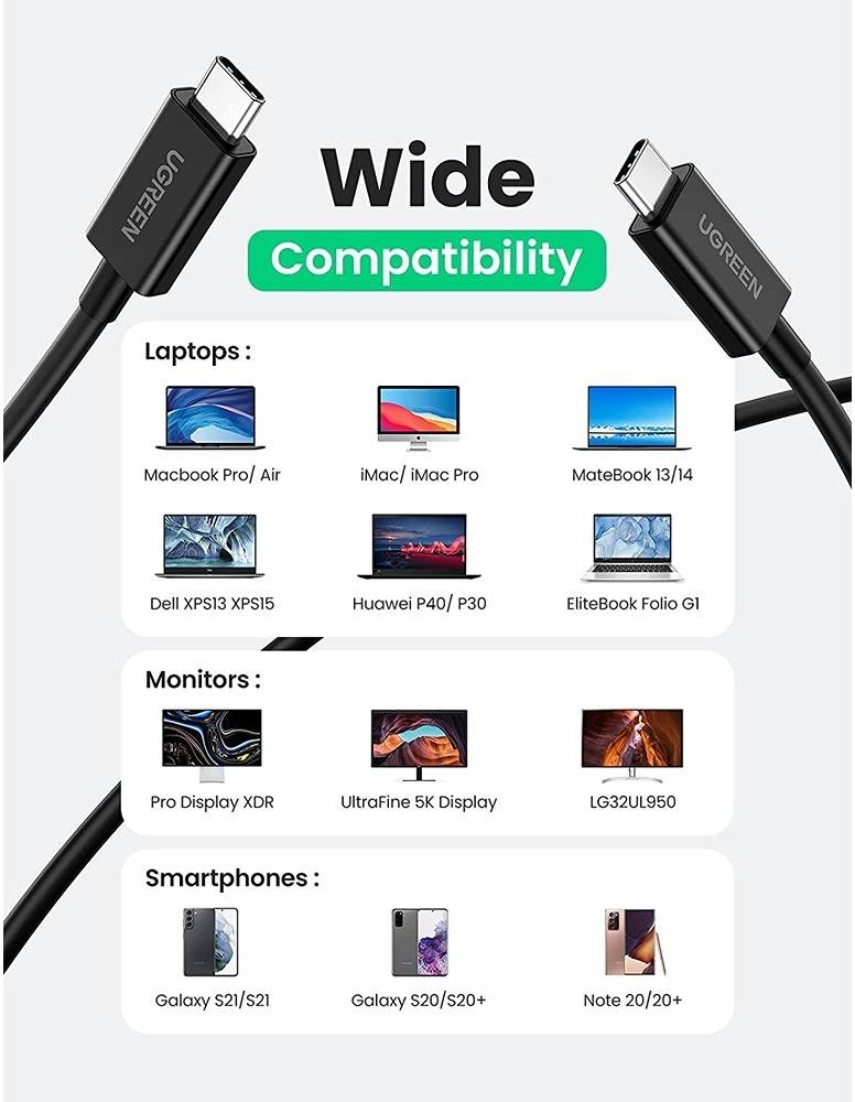 UGREEN USB-C to USB-C Thunderbolt 4 Cable 0.8m (Black) 8K-كيبل ثندربلد