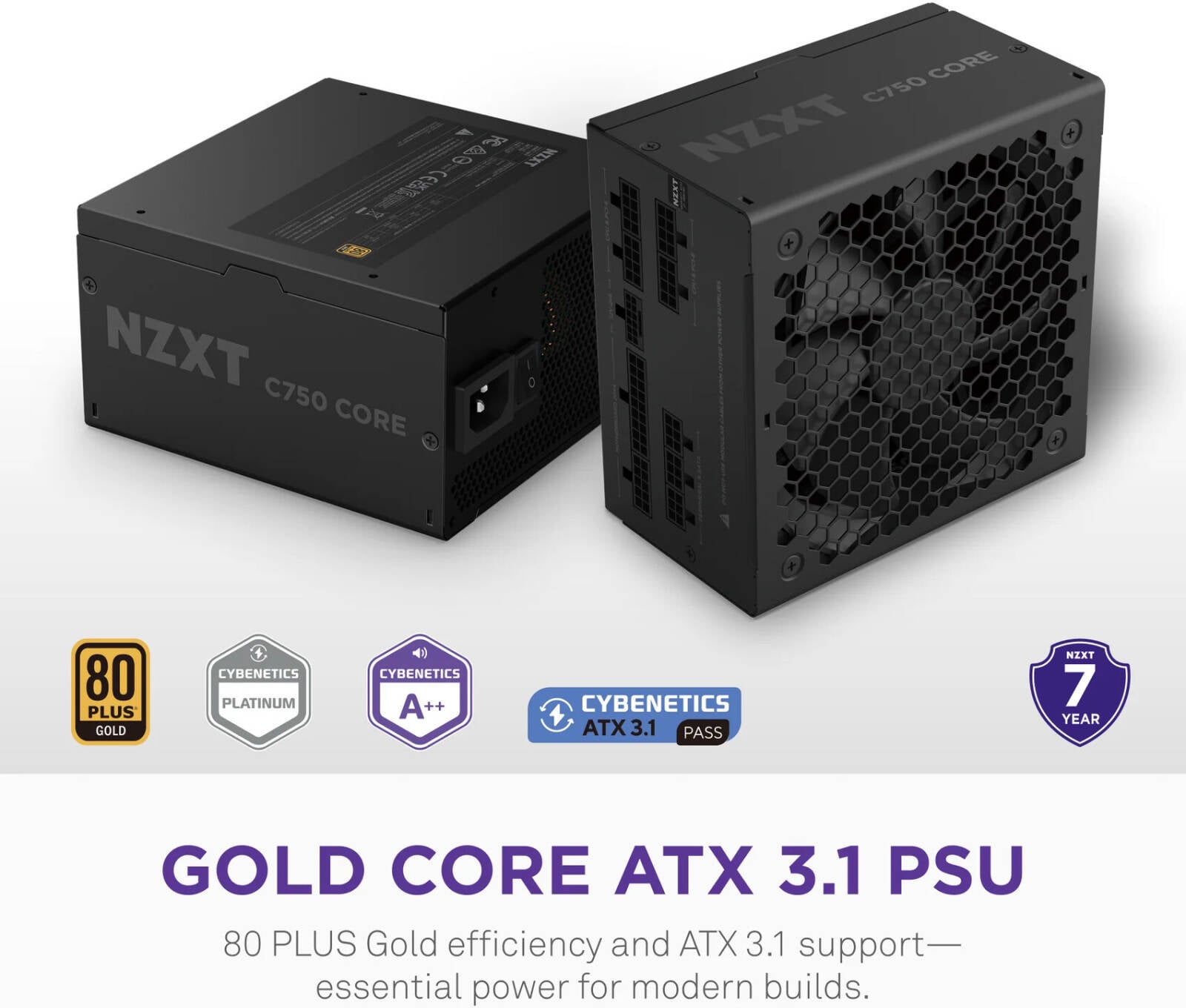 NZXT C750 Gold 750W Power, Core Full Modular Power Supply, 80 PLUS Gold Efficiency, 2,300 RPM Fan Speed, 103.36 CFM Airflow, 135mm Fan, Fluid Dynamic Bearing, ATX 3.1 - مزود طاقه