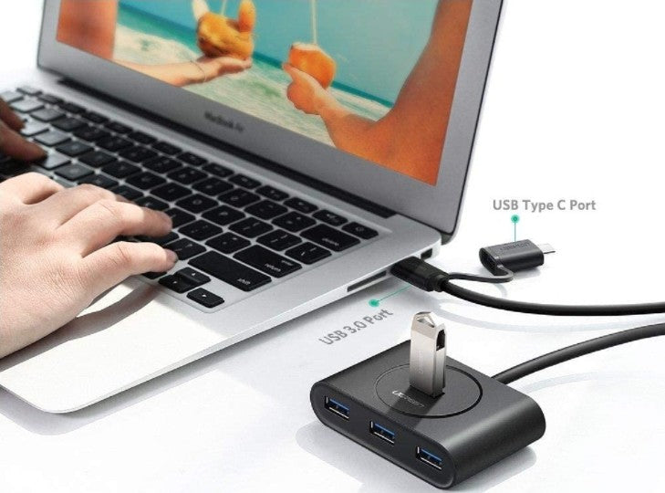 Ugreen 40850 USB 3.0 Hub With USB-C Port, 1m Cable Length, LED Indicator, Compatible with Windows 10/8/8.1/7/ Vista / XP and Mac OS X, Linux, Black - موزع منافذ