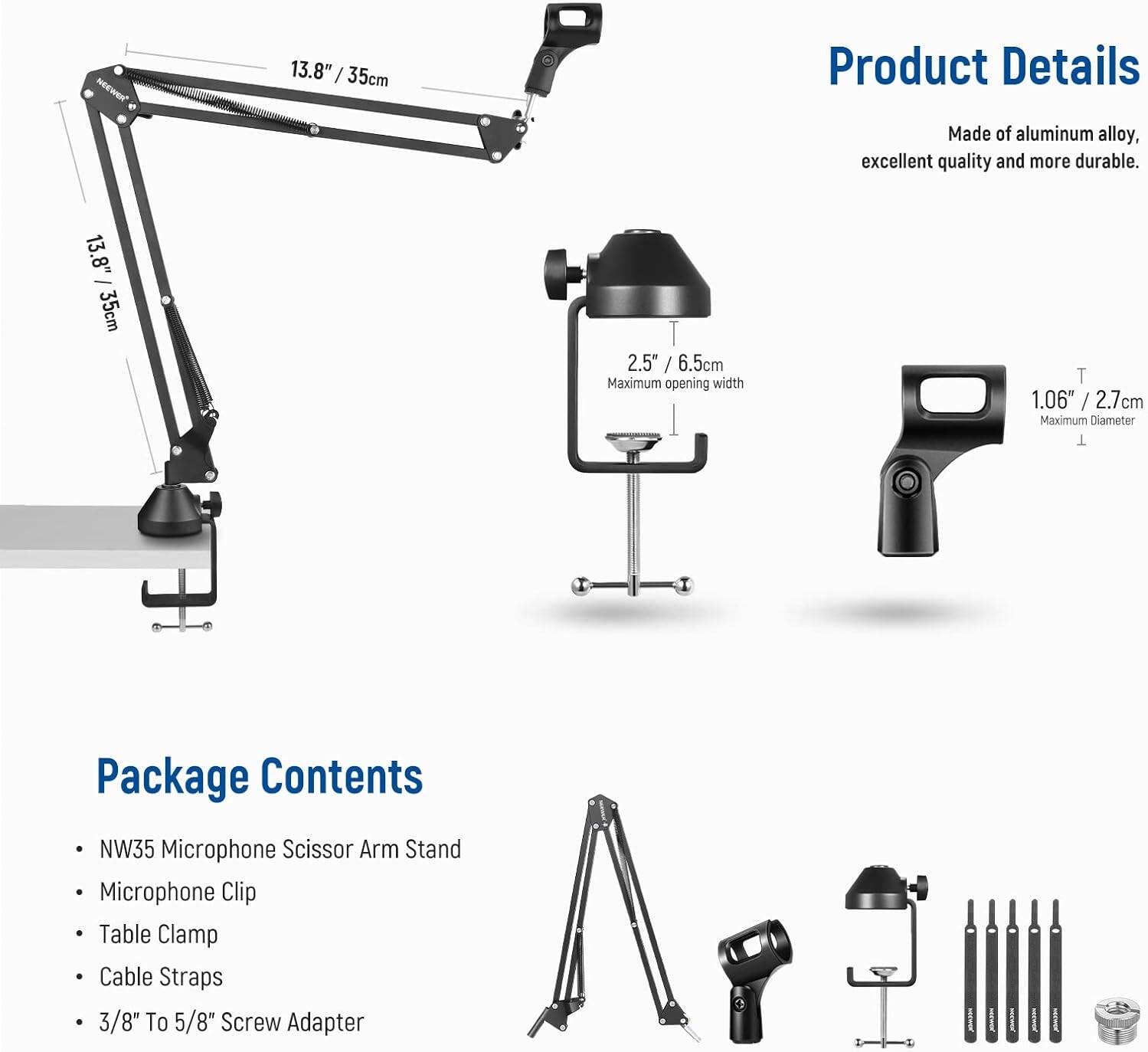 Neewer Microphone Arm Stand, Suspension Boom Scissor Microphone Arm Stand with 3/8 Inch to 5/8 Inch Screw and Cable Ties, Compatible with Blue Yeti Snowball Yeti X Quadcast etc. Max. Load 1.5 kg - ستاند للمايك