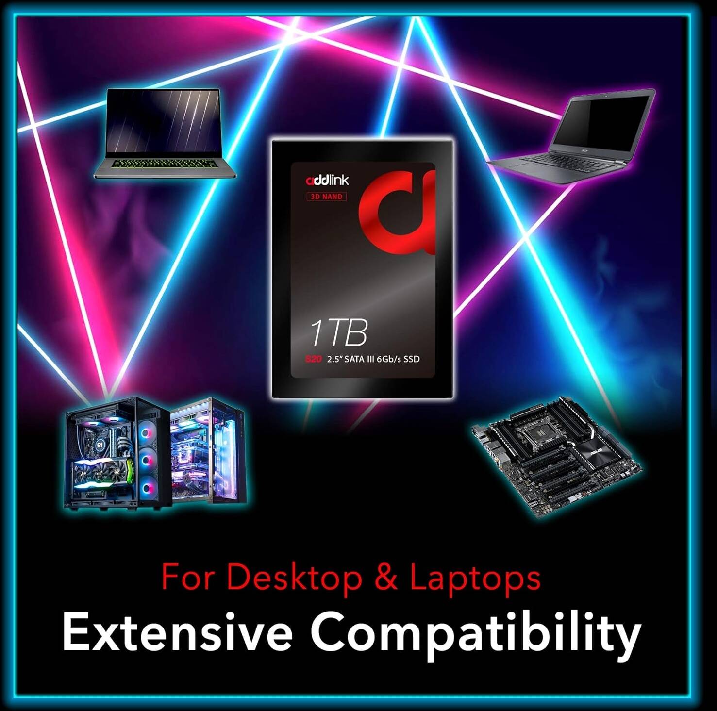 Addlink S20 1TB Gaming PC SSD, 3D NAND 2.5 inch SATA III 6Gb/s, Read 560MB/s Write 500MB/s, Compatible With PCs, Laptops And Other Portable Computing Devices - تخزين