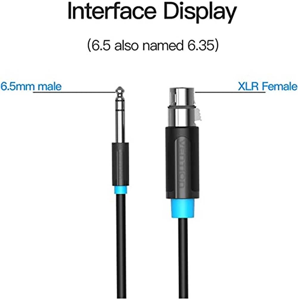 Vention 6.5mm Male to XLR Female Audio Cable, HIFI Audio Transmission, Microphone Connect Stereo, Nickel Plated Interface, 1.5 Meter, Black - كيبل