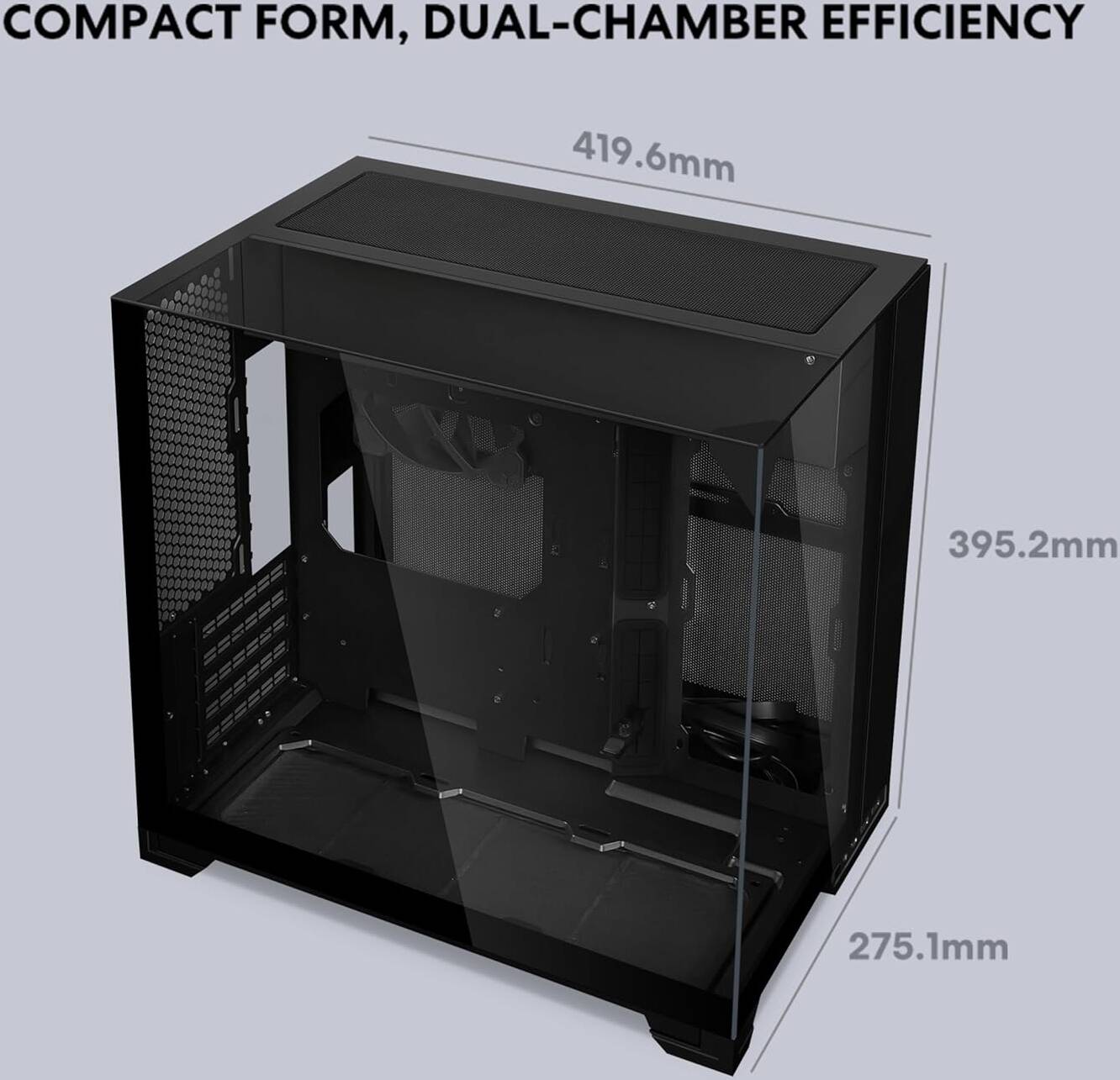 Lian Li O11 Vision-M PC Case White mATX, 140mm Fan, Triple Tempered Glass, Dual-Chamber, Supports 360mm AIO & ATX PSUs Black - كيس أسود