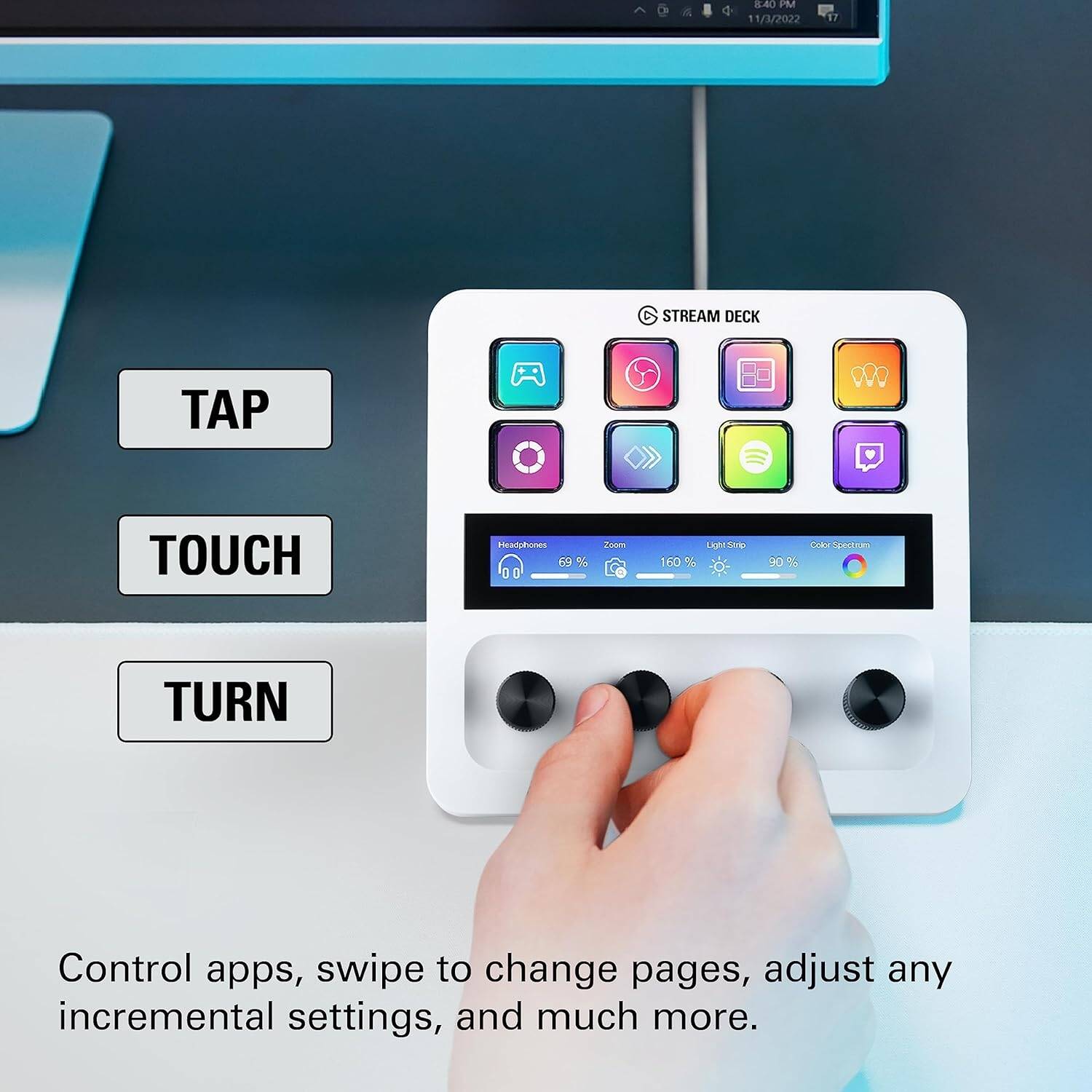 Elgato Stream Deck +, Audio Mixer, Production Console and Studio Controller for Content Creators, Streaming, Gaming, with customizable touch strip dials and LCD keys, works with Mac and PC - WHITE - مكسر صوت معه ستريم