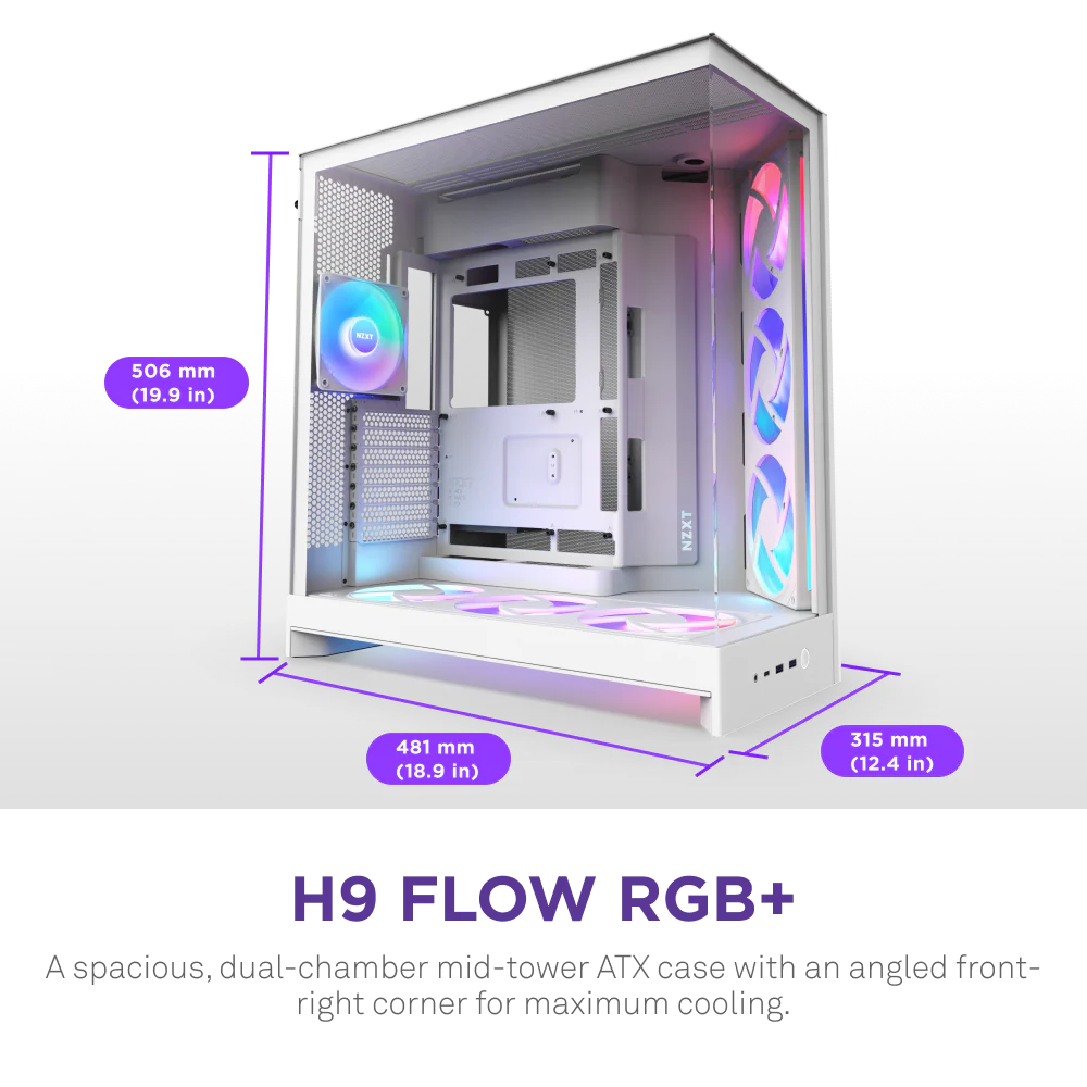 NZXT H9 Flow RGB+ (2025) White RGB Fans & Control Hub Case -  كيس ابيض
