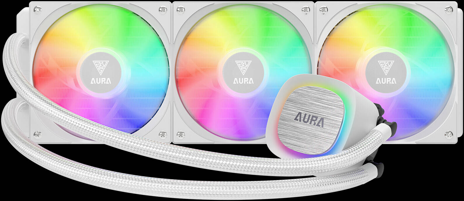 GAMDIAS Aura GL360 V2 Liquid Cooler, Support LGA 1700 / AM5, 800 - 1800 RPM Fan Speed, 2.12 mmH2O Air Pressure, Hydraulic PWM Fans, 73.6 CFM Air Flow, Hidden Cable Routing, White - مبرد  مائي أبيض
