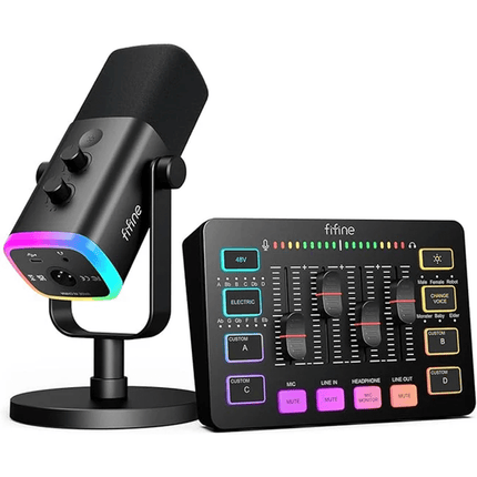 FIFINE Gaming Equipment Bundle, Dynamic XLR/USB Gaming Microphone Set with Streaming Audio Mixer for Podcast Recording Video Vocal, RGB Gamer Set with Volume Fader/XLR Interface for PC-AmpliGame KS5 - مايك ومكسر أحترافي - PC BUILDER QATAR - Best PC Gaming Store in Qatar 