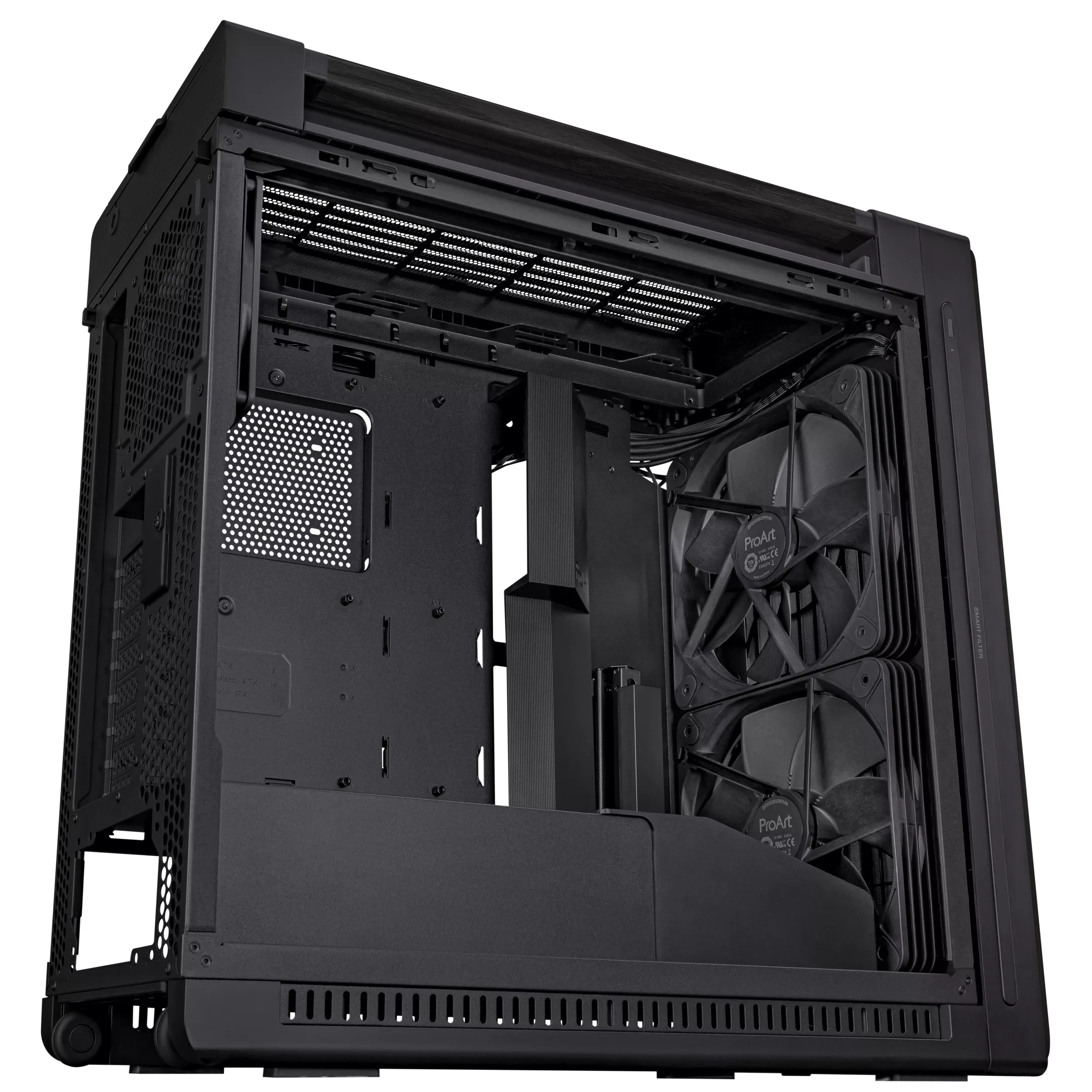 Asus ProArt PA602 Gaming E-ATX Computer Case, 2x 200mm & 1x 140mm Pre-Installed Fans , Dual Air Deflectors, 15.5mm Open Grills, Black- كيس خشب