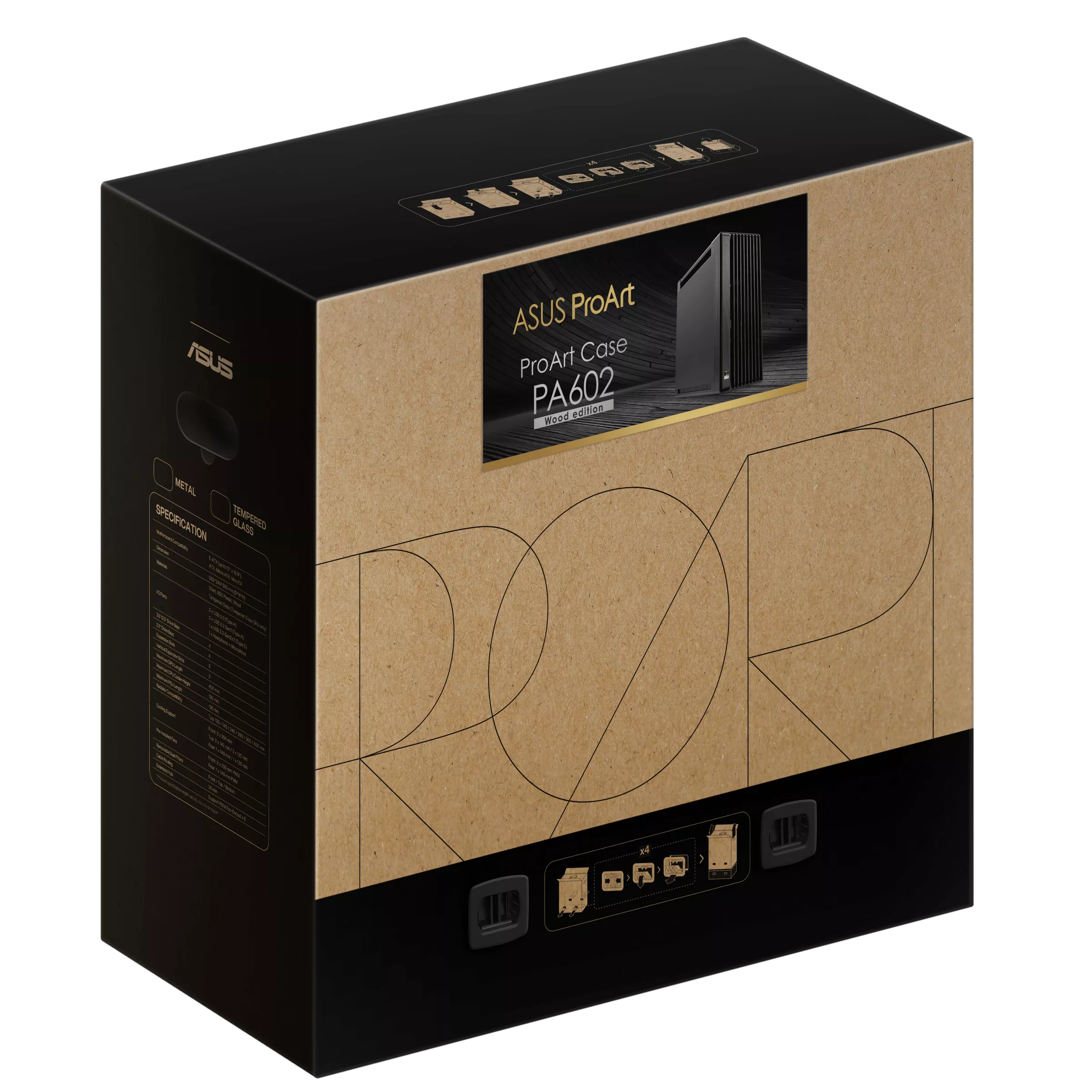 Asus ProArt PA602 Gaming E-ATX Computer Case, 2x 200mm & 1x 140mm Pre-Installed Fans , Dual Air Deflectors, 15.5mm Open Grills, Black- كيس خشب