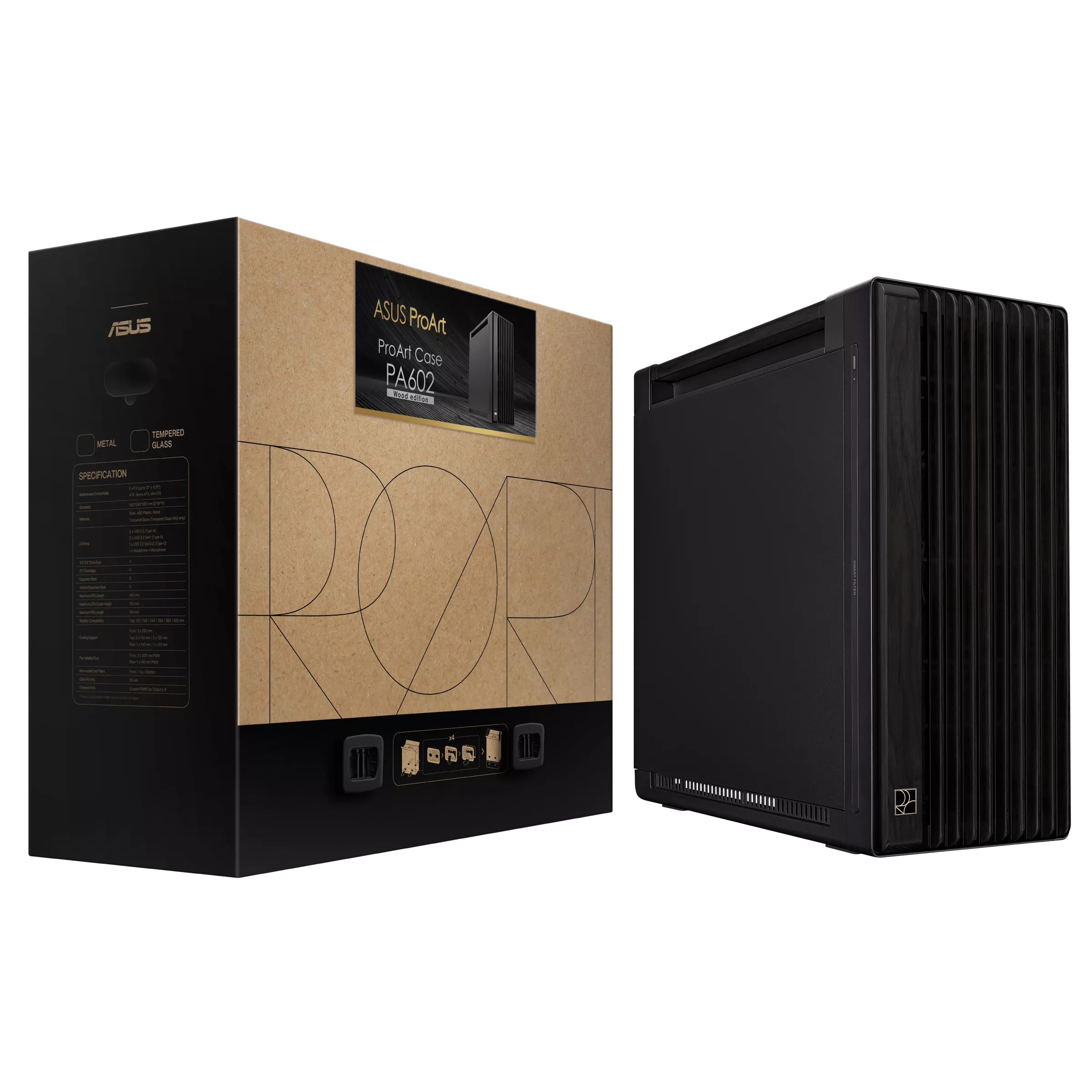 Asus ProArt PA602 Gaming E-ATX Computer Case, 2x 200mm & 1x 140mm Pre-Installed Fans , Dual Air Deflectors, 15.5mm Open Grills, Black- كيس خشب