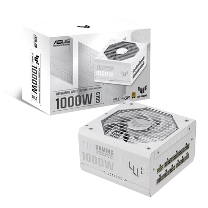 ASUS TUF GAMING 1000W GOLD WHITE EDITION IS AN EFFICIENT, ATX 3.0 Compatible Fully Modular Power Supply,, Military-Grade Components, Dual Ball Bearing, Axial-tech Fan, PCB Coating -مزود طاقه أبيض