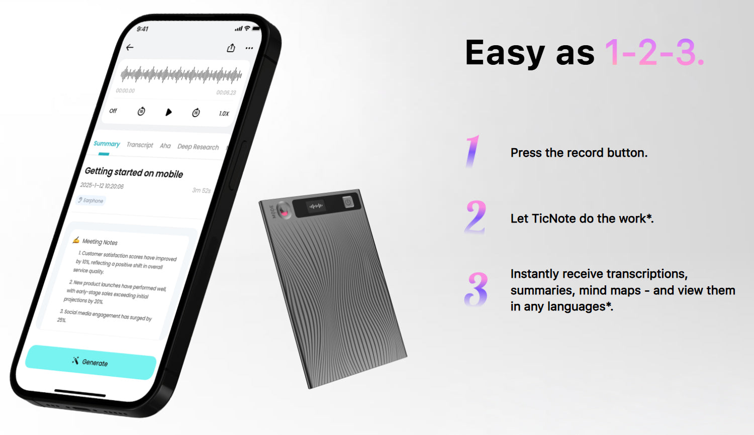Mobvoi TicNote AI Voice Recorder Dual Mic Noise Cancellation, 64GB Storage, 22-Hour Battery Life, Grey - مسجل صوت وملاحضات