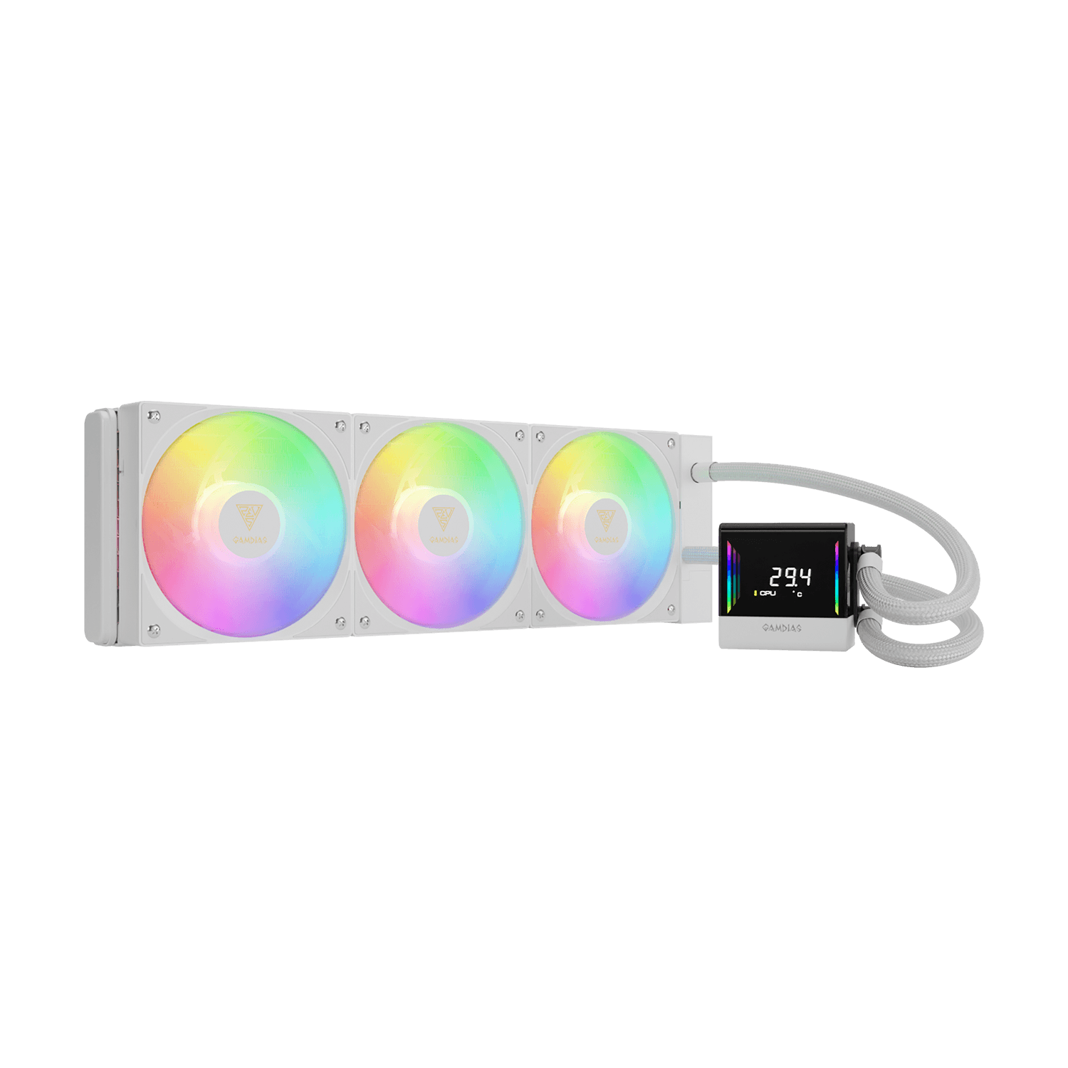 GAMDIAS CHIONE E4 360mm AIO Liquid Cooler, Digital Display Pump White - مبرد مائي مع شاشه GAMDIAS CHIONE E4 360mm AIO Liquid Cooler, Digital Display Pump White - مبرد مائي مع شاشه