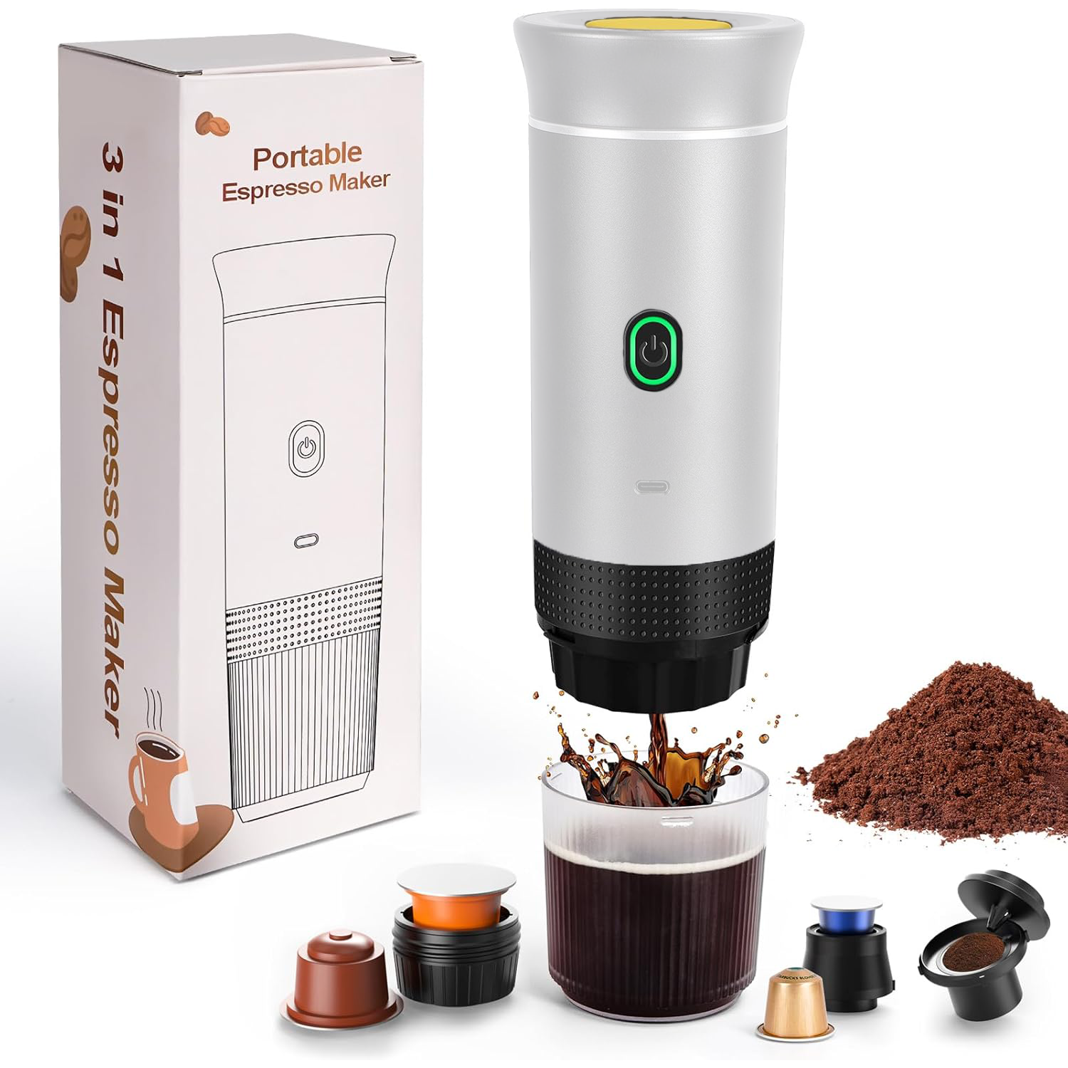 Electric Espresso Machine, 3 In 1 Portable Coffee Maker for Travel for Ground Coffee & Large Capsules, Small Capsules - صانعة قهوى محمولة Electric Espresso Machine, 3 In 1 Portable Coffee Maker for Travel for Ground Coffee & Large Capsules, Small Capsules - صانعة قهوى محمولة