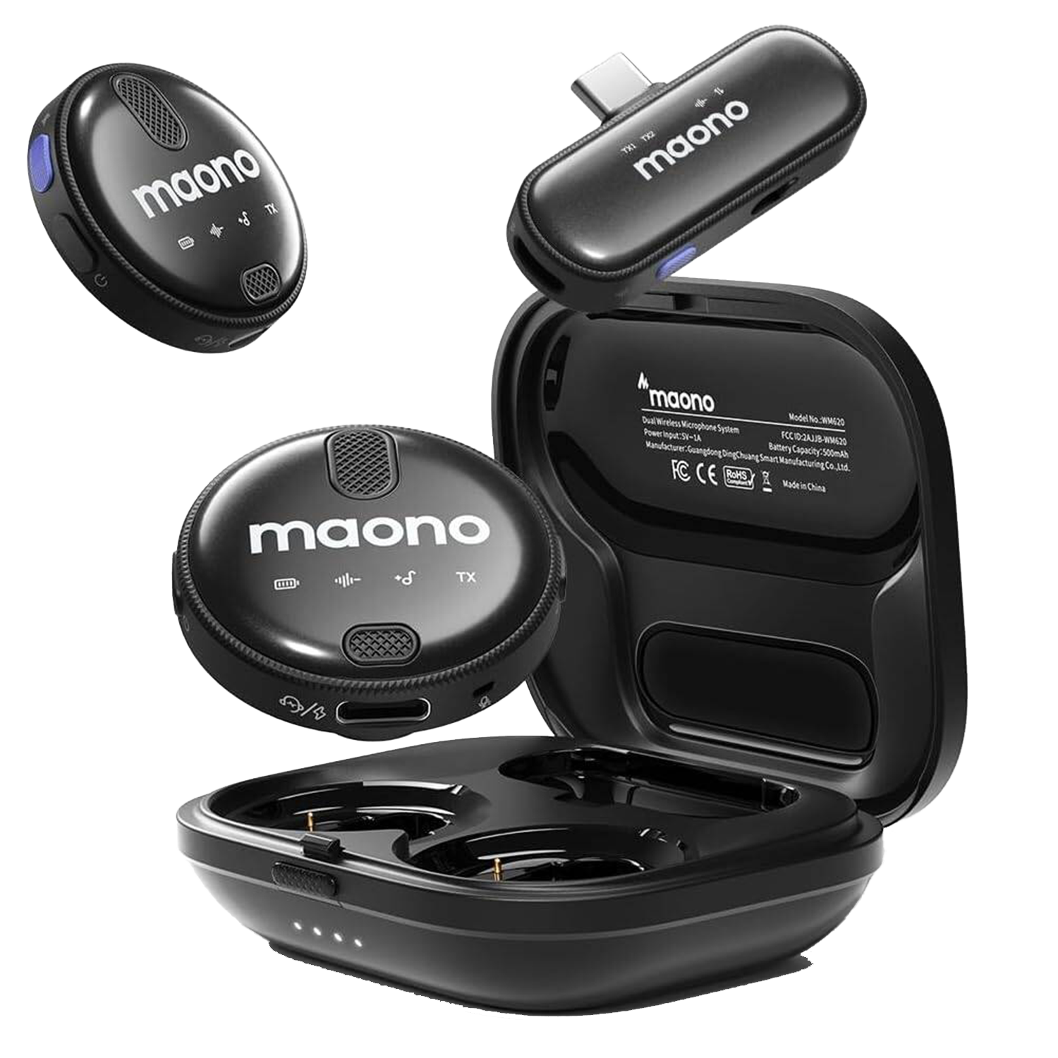 MAONOCASTER WM620PC2 Wireless Lavalier Black Microphone or iPhone 15 & Android, Noise Cancellation, 328ft Range, 18H Battery, Vlogging - مايك لاسلكي أسود
