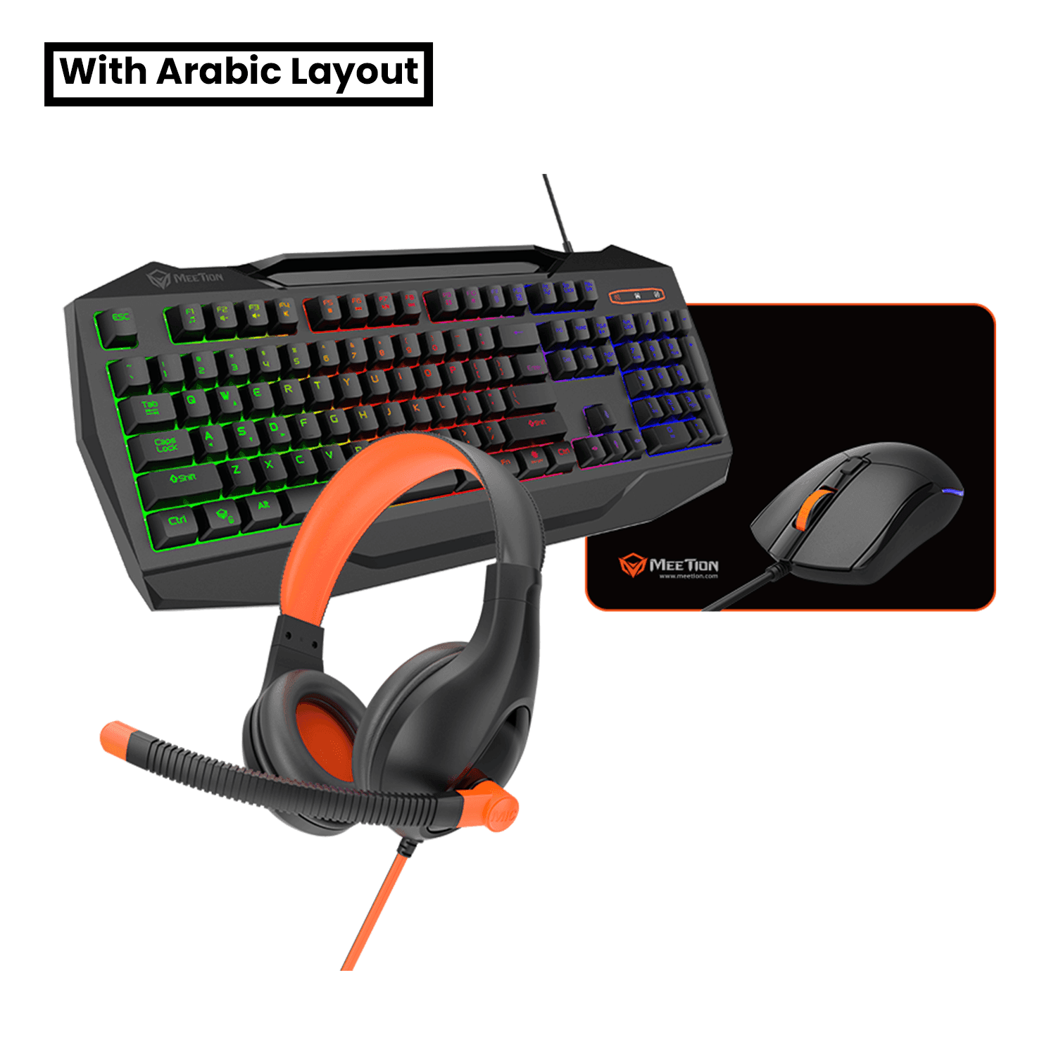 MeeTion 4 in 1 PC Gaming Kit C490 Mouse, English / Arabic Keyboard, Headset and Mousepad - ماوس | حصيرة الماوس | سماعة | كيبورد مع احرف عربيه MeeTion 4 in 1 PC Gaming Kit C490 Mouse, English / Arabic Keyboard, Headset and Mousepad - ماوس | حصيرة الماوس | سماعة | كيبورد مع احرف عربيه