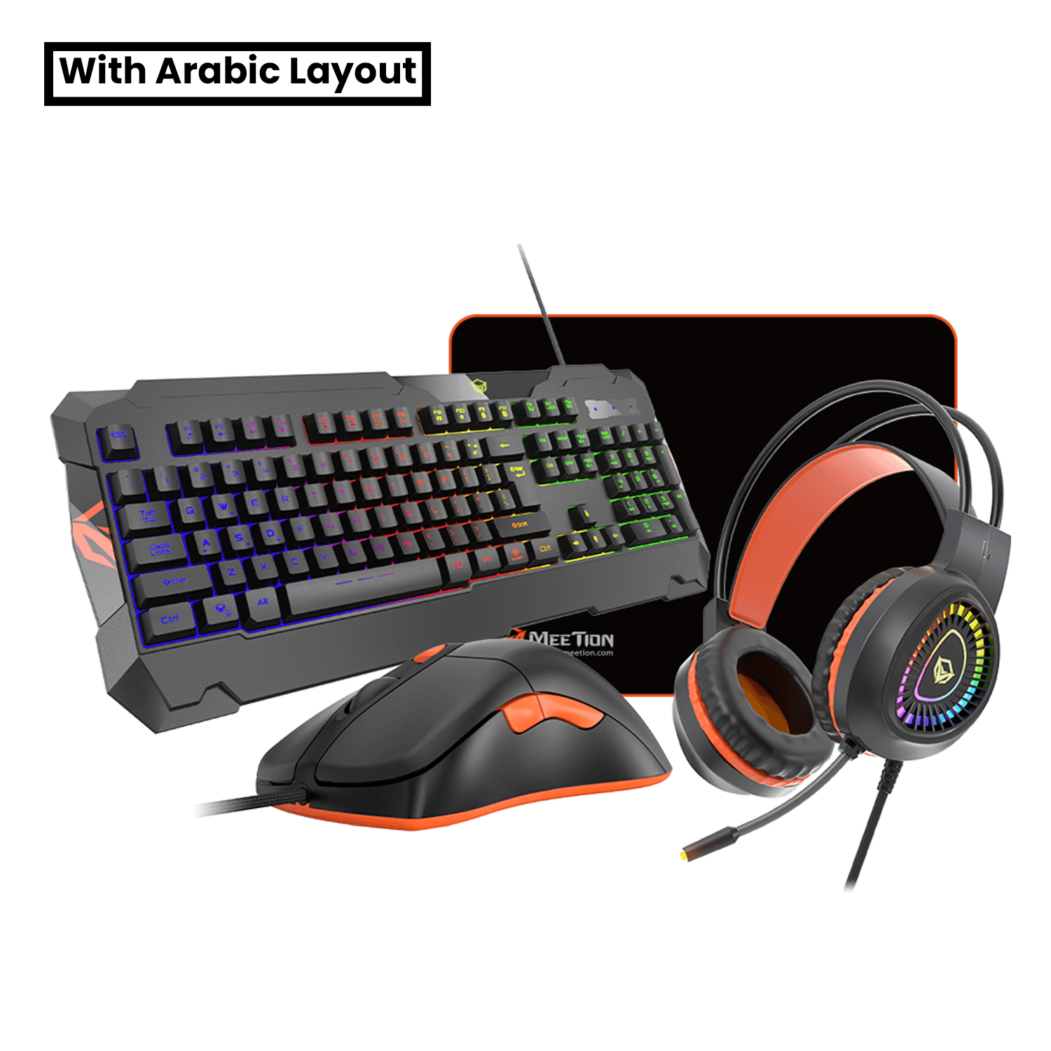 MeeTion 4 in 1 PC Gaming Kit C505 Mouse, English / Arabic Keyboard, Headset and Mousepad - ماوس | حصيرة الماوس | سماعة | كيبورد مع احرف عربيه MeeTion 4 in 1 PC Gaming Kit C505 Mouse, English / Arabic Keyboard, Headset and Mousepad - ماوس | حصيرة الماوس | سماعة | كيبورد مع احرف عربيه